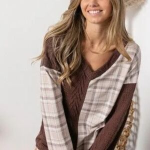 BiBi Plaid/French Terry Knit V-Neck Sweater - Brown and Cream